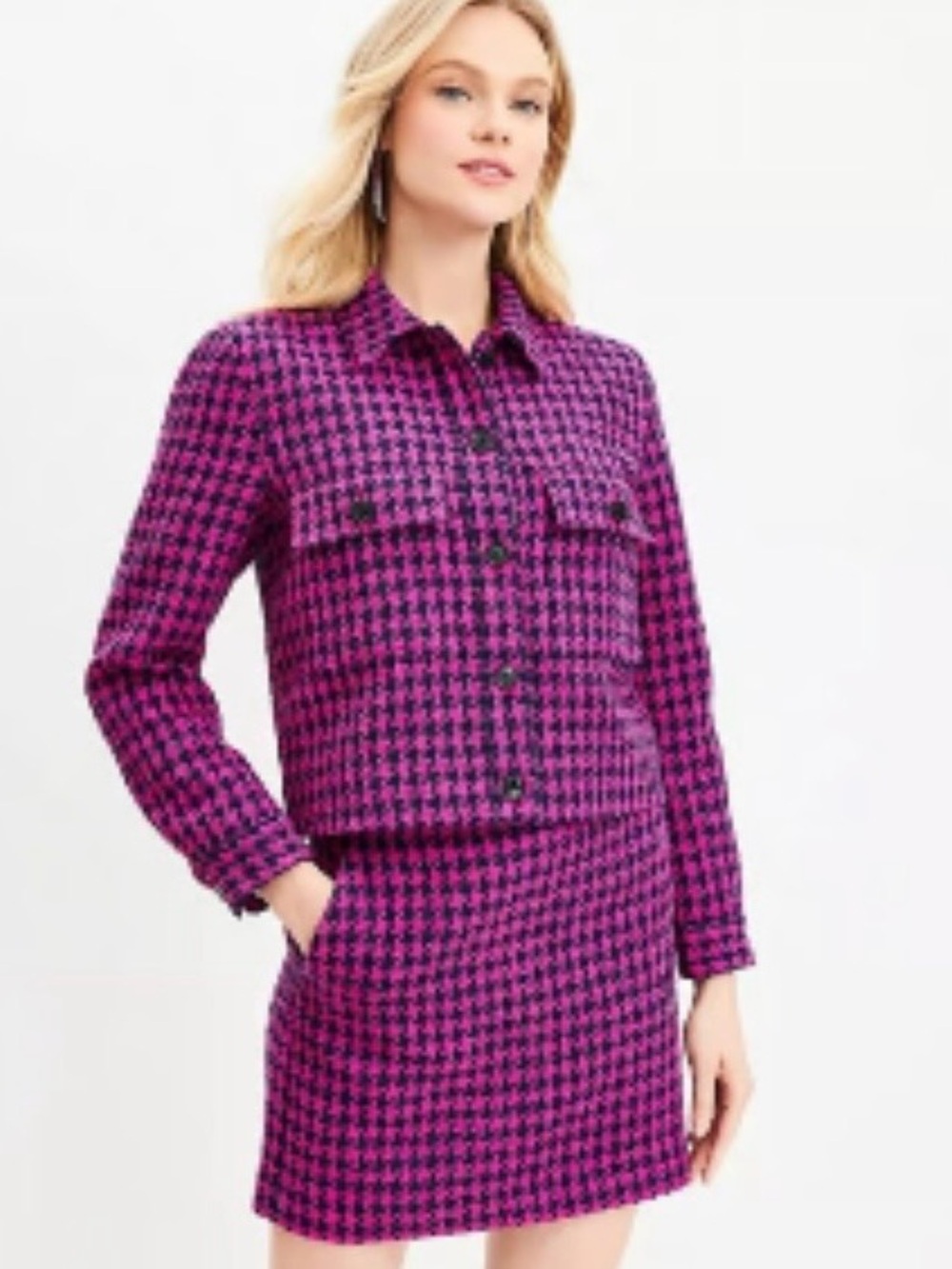 LOFT Pink and Black Houndstooth Cropped Shirt Jacket